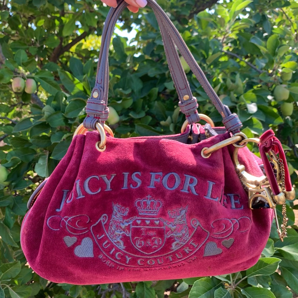 Juicy Couture Y2K 2000s “Juicy Is For Life” Velour Shoulder Bag - Picture 1 of 11